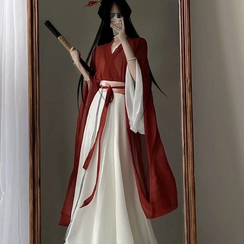 二人转演出服装女魏晋风古装风交领中国大袖印花齐腰八破裙日常套
