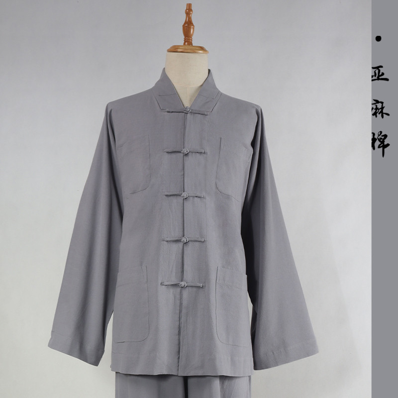 僧服春秋四季棉麻长袖短褂套装比丘比丘尼和尚服装小褂打坐居士服
