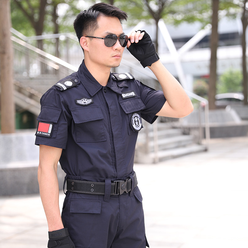 保安工作服套装男夏季藏青网格特训服短袖黑色长袖执勤作战训