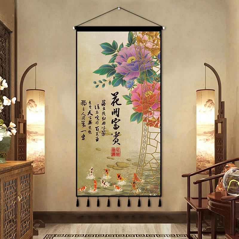 现代中式富贵牡丹布艺挂画定制竖版挂布背景布客厅玄关挂毯装饰画图片