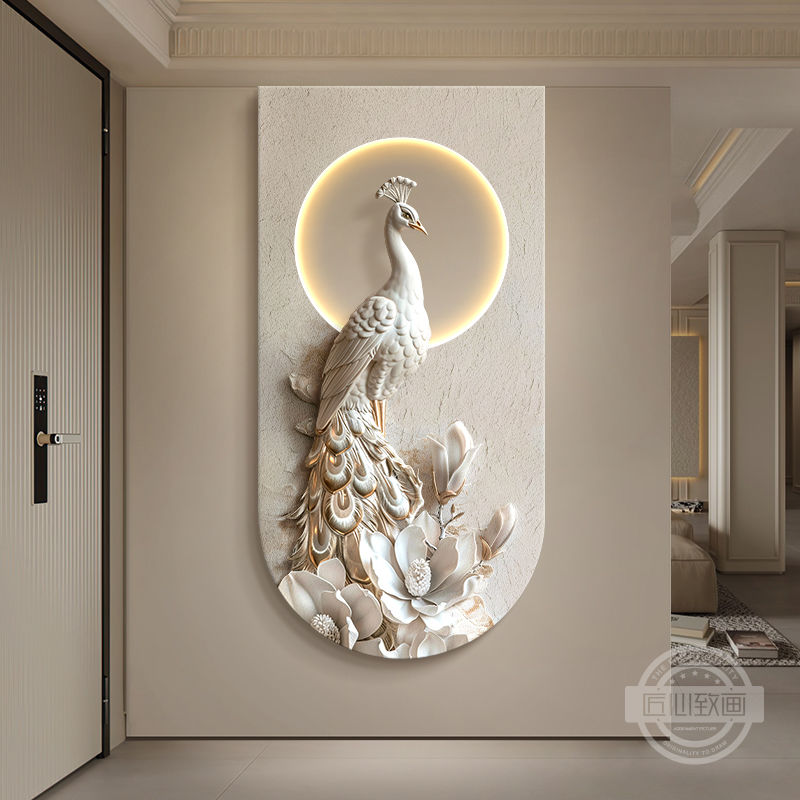 新中式孔雀玄关装饰画简约高级感走廊过道挂画立体浮雕入户壁画灯图片