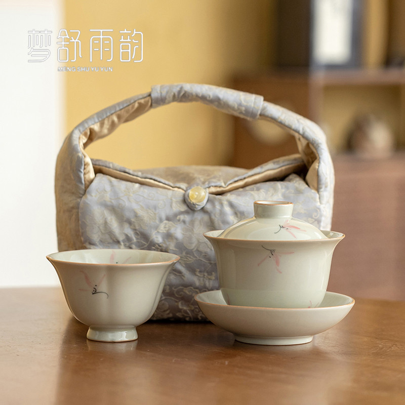 草木灰手绘粉色兰花盖碗套装旅行茶具布包便携泡茶碗家用茶杯送礼
