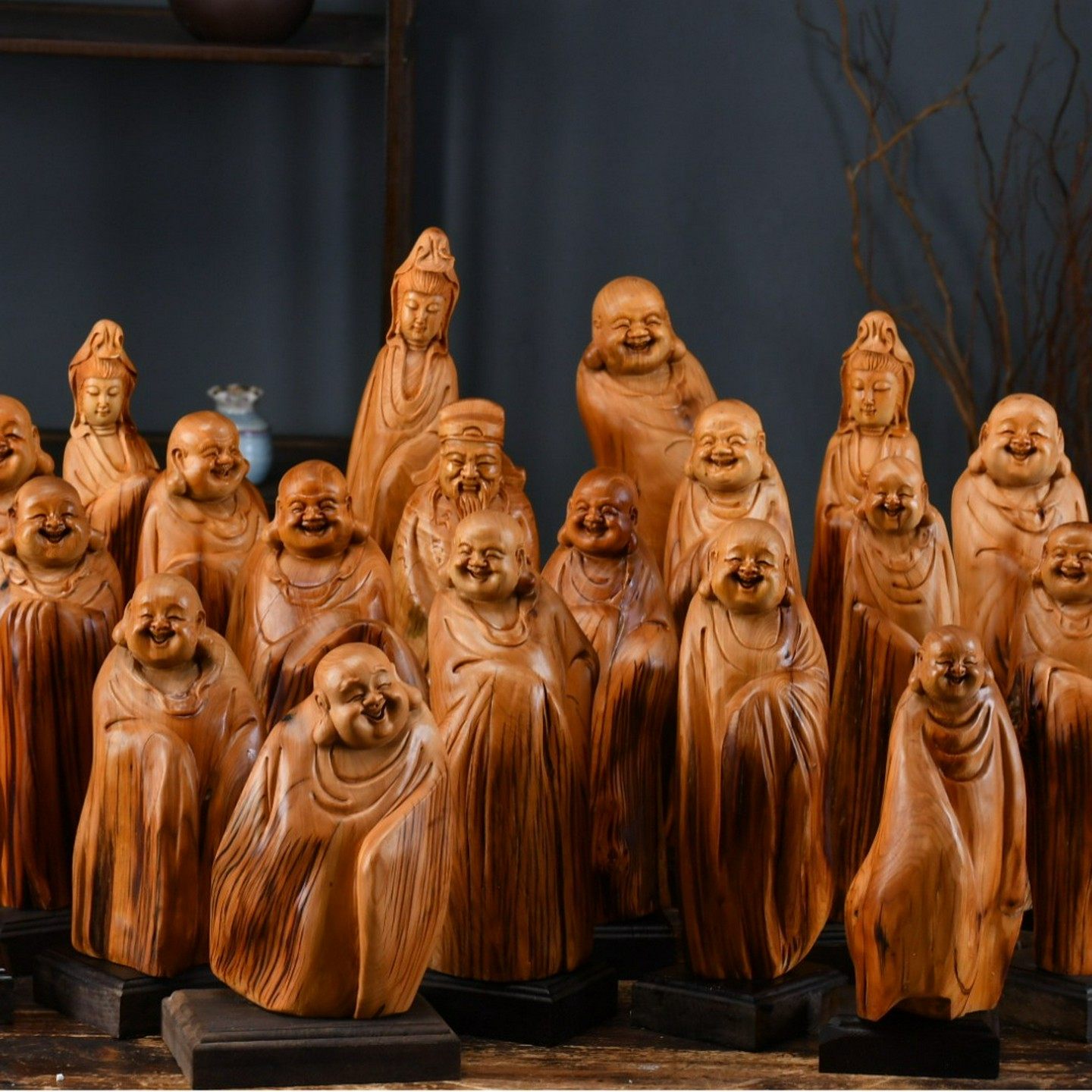 太行木雕崖柏工艺品摆件根雕地摊直播实体弥勒观音财神寿星