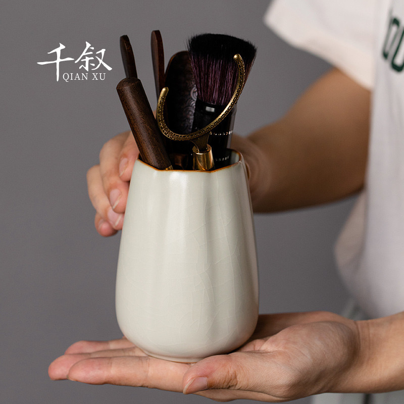 米黄汝窑瓜棱茶道六君子套装实木茶勺茶针茶夹功夫茶具配件大全