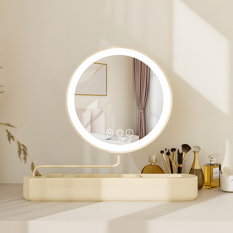 法式奶油风智能化妆镜卧室旋转拉伸LED梳妆公主镜子带灯桌面