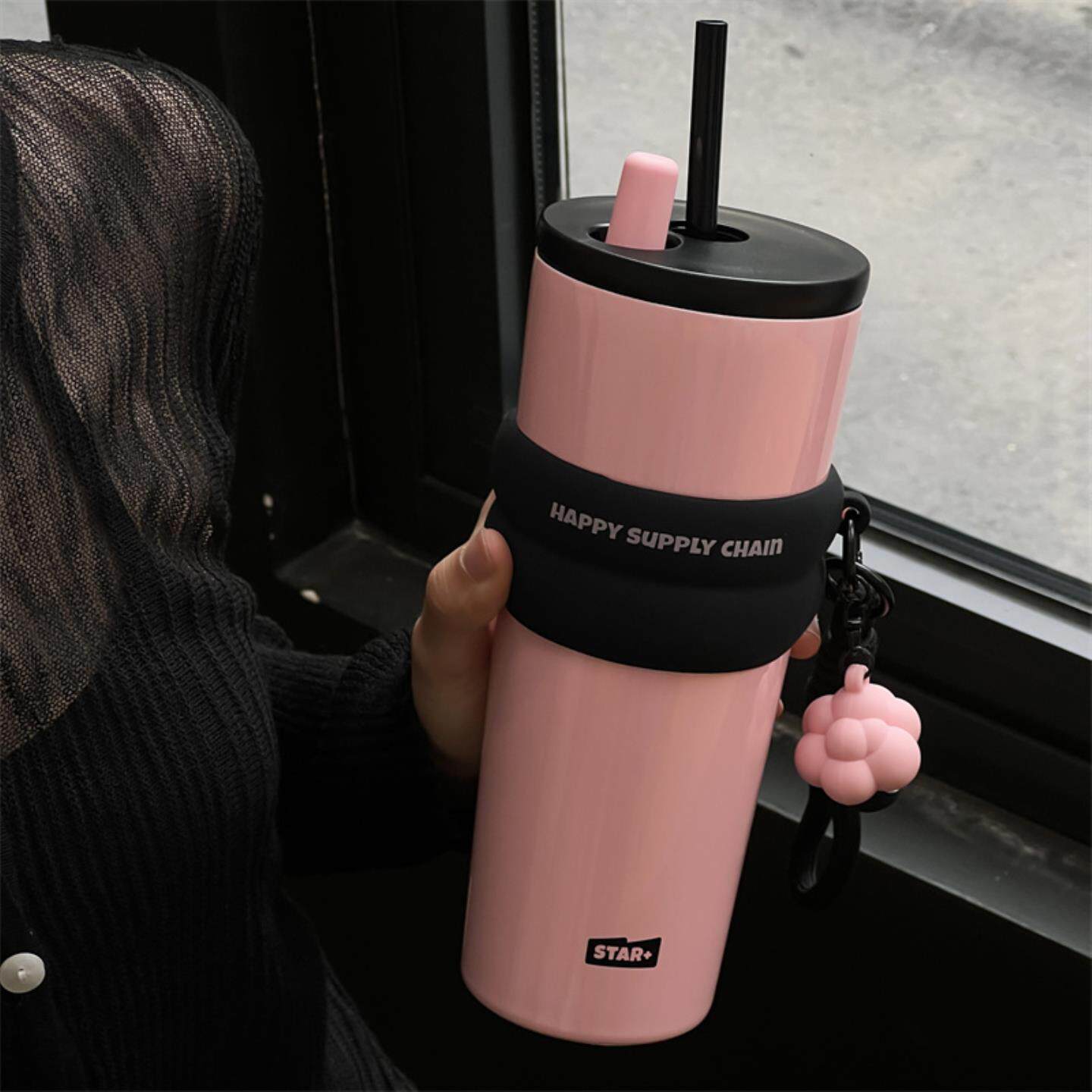世大家保温杯大容量女生高颜值2024新款陶瓷内胆水杯车载吸管