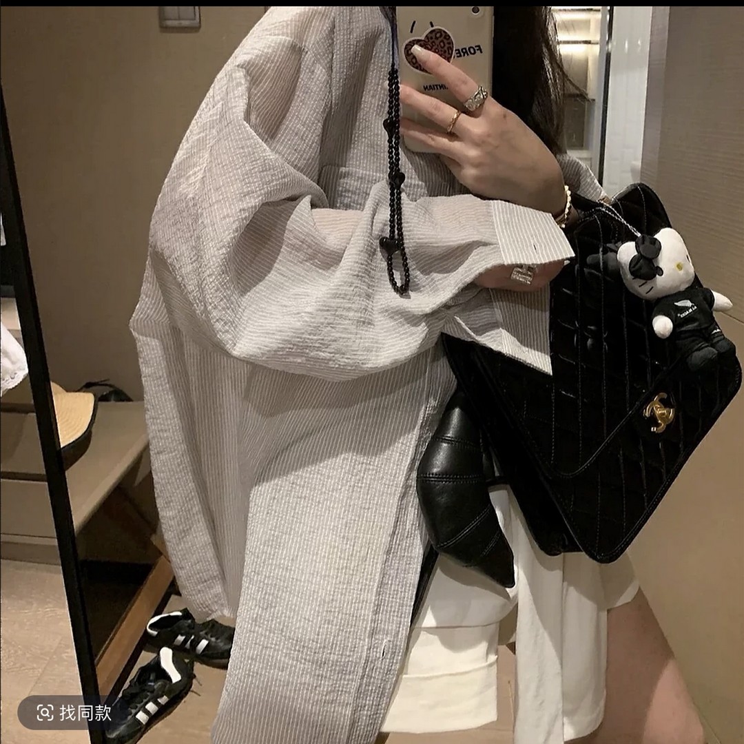 韩系慵懒风休闲宽松暗条纹防晒衬衫女夏季长款薄款百搭长袖上衣