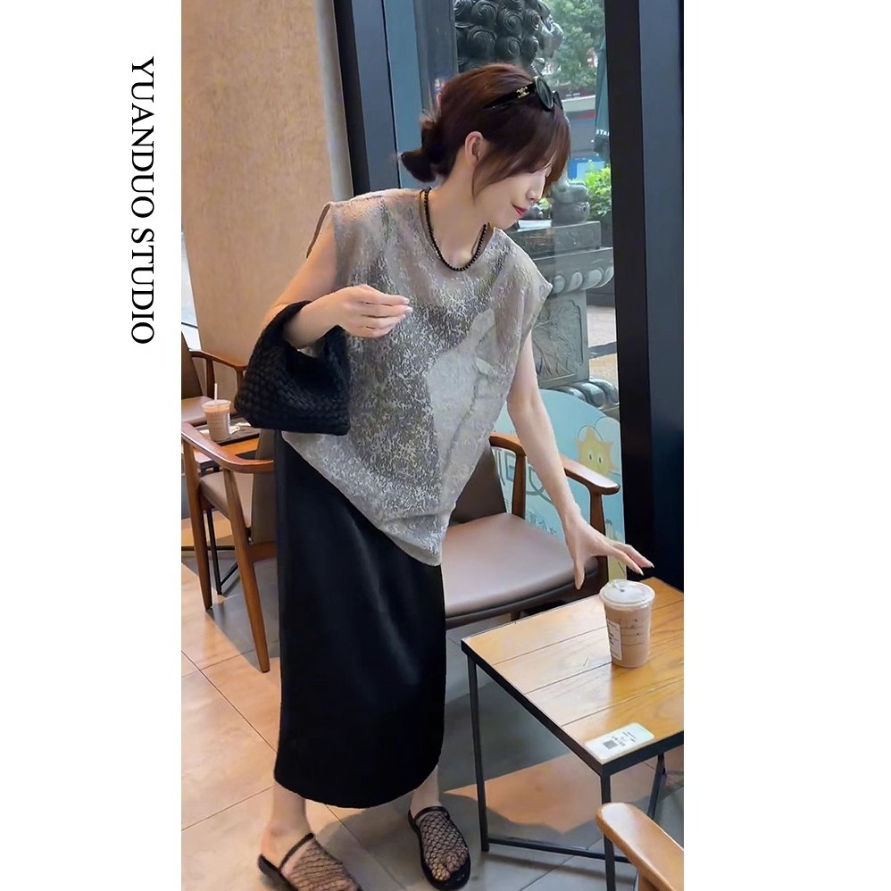 女装套装轻奢高级感女人味宽松无袖气质上衣高腰垂感半身裙两件套