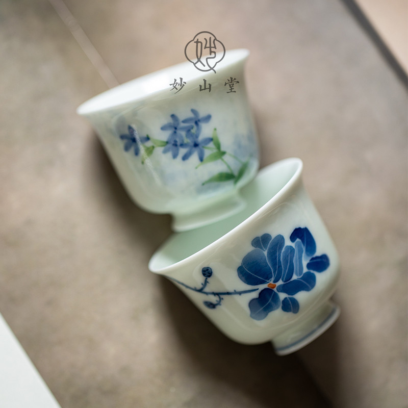 妙山堂 手绘玉兰花茶杯 家用蓝色青花瓷陶瓷茗杯主人杯单个