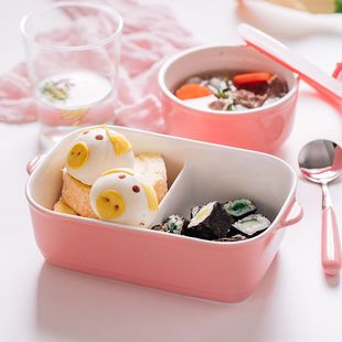 色釉便当饭盒带盖子长方分格陶瓷碗二三格上班族学生党微波炉专用