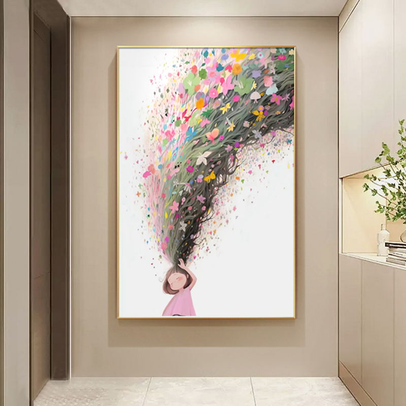 卡通入户玄关挂画治愈女孩儿童房挂画小众客厅装饰画走廊过道壁画图片