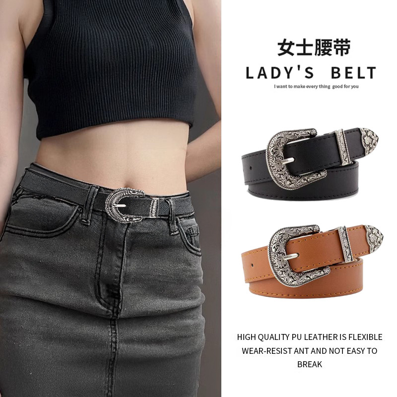 皮带女士欧美范黑色皮带女装饰简约复古百搭裤带时尚针扣细皮腰带