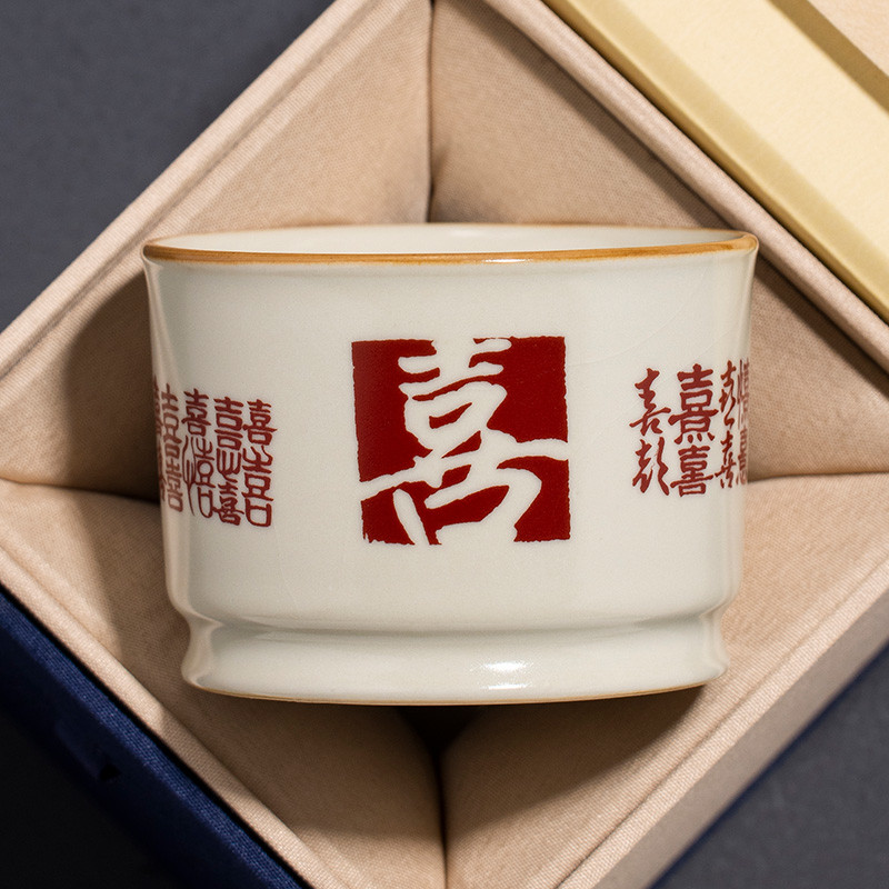 米黄汝窑容天杯主人杯一人喝茶精致陶瓷茶杯单个开片可养高档