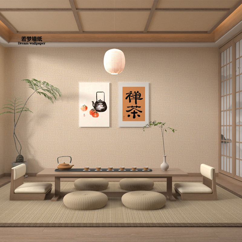 墙纸自粘日式亚麻茶室新中式禅意卧室家用背景墙防水防潮壁纸贴纸