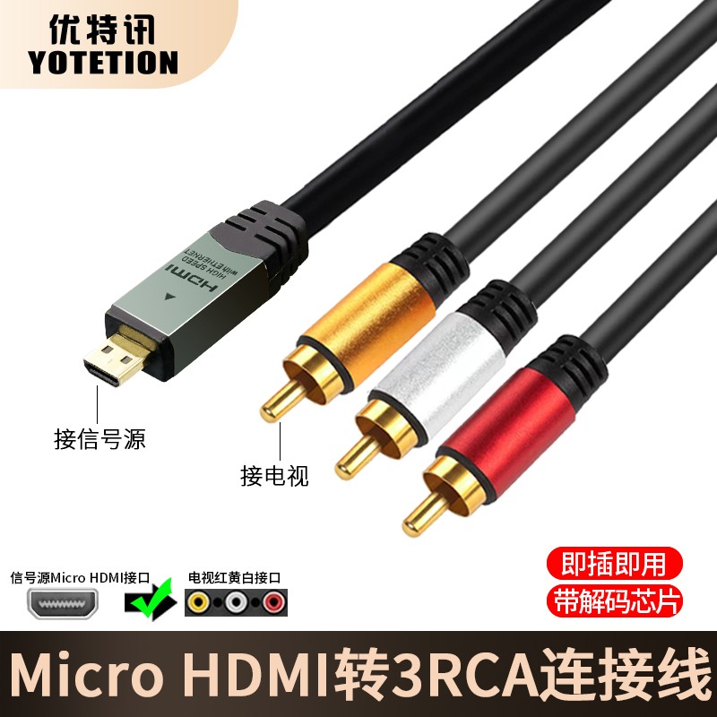 优特讯Micro HDMI转3RCA视频线 电脑相机接电视显示器投影仪线