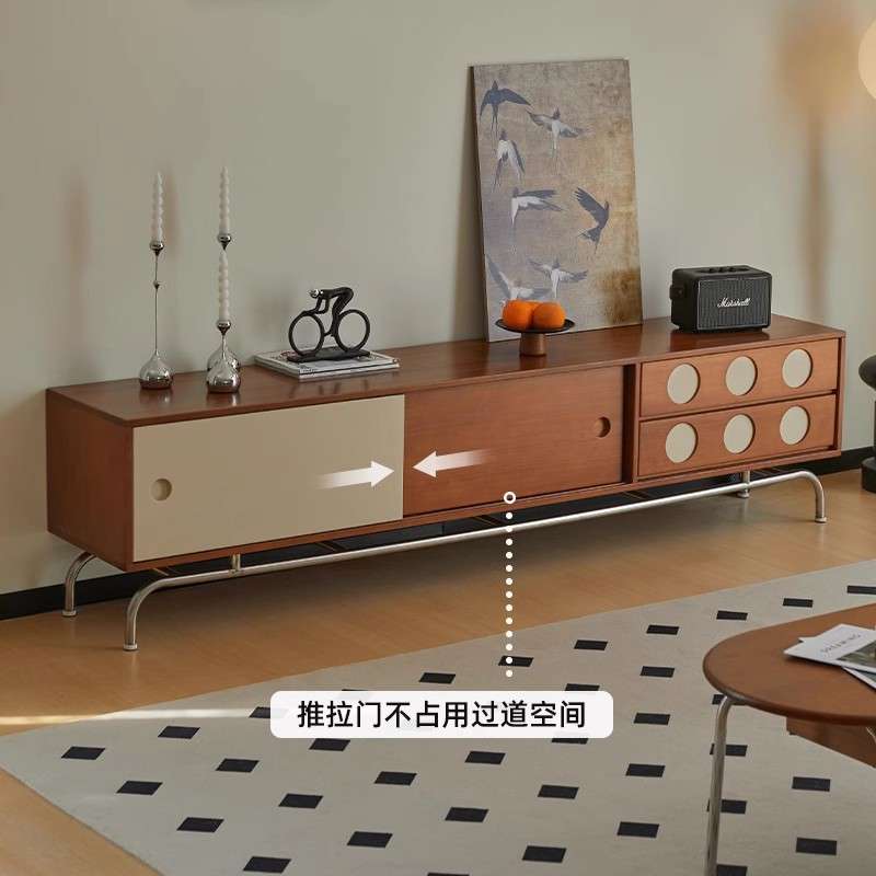 北欧实木电视柜家用小户型不锈钢靠墙置物柜客厅中古风收纳视听柜