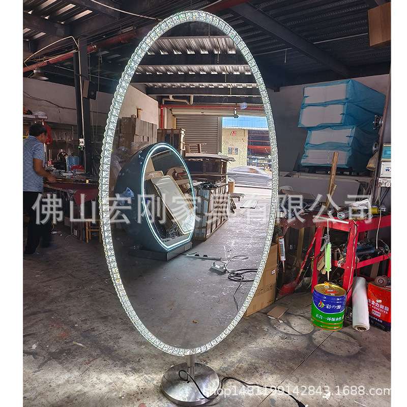 新款网红理发店镜台美发店镜子发廊专用带灯镜台落地单面壁挂镜子