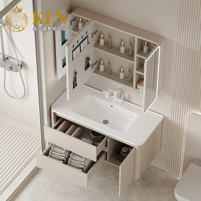 奶油瓷风弧蜂窝铝浴室柜陶一体盆双抽屉VTB圆智能镜漱柜洗盆H086