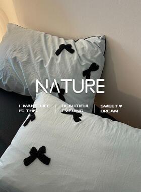 轻奢新款蓝绣色蝴蝶结被套VHW水洗棉刺款被套罩四件女套件床品生