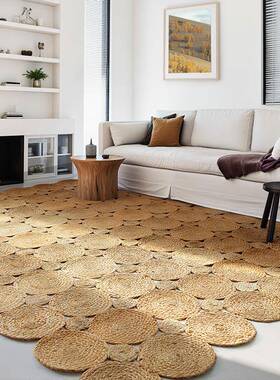 日式轻奢手垫编麻黄地毯家用客厅发卧室床沙边OZP耐脏易打理无胶