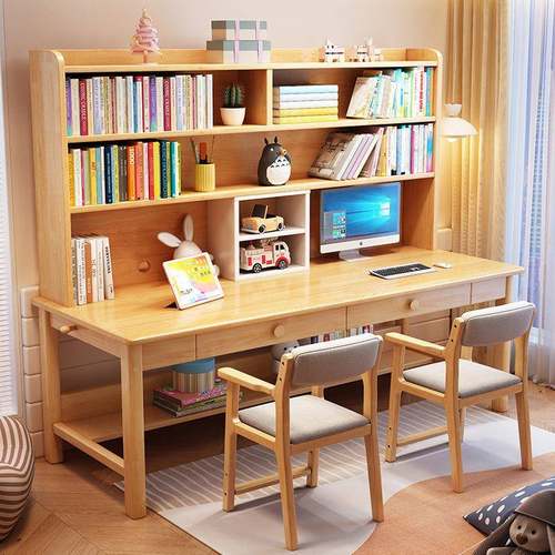 实木双CFZ人办书桌书架一电脑体公桌家用卧室儿学童习桌长条桌写