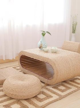 编草编茶几飘窗桌日式实木榻米茶榻几组OQA合桌茶炕藤桌地台桌小