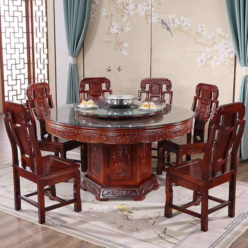 全实木圆形餐桌椅组合带转盘中式餐厅仿古雕花桌饭桌带电磁炉家用