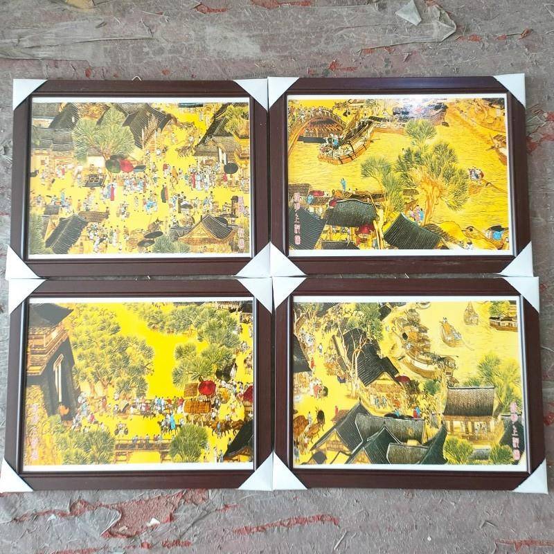 装新款FEY中式陶瓷瓷板画家背居有框沙发景山水花鸟四件套墙壁饰