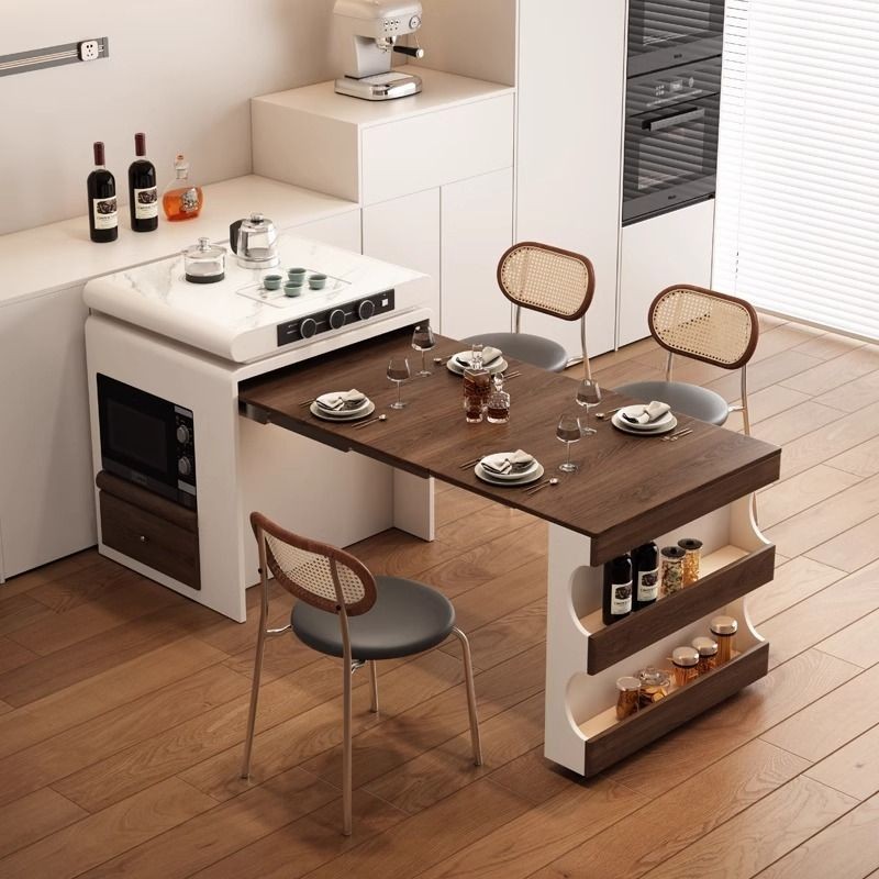 可伸缩折叠岛台餐桌一体全收餐边柜小户型家用多功能法式中古饭桌