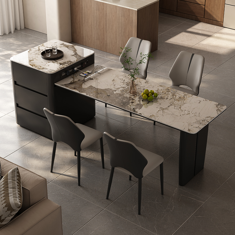 零度火岩板岛台餐桌一体家用可伸缩中古风餐厅导台小户型带电磁炉