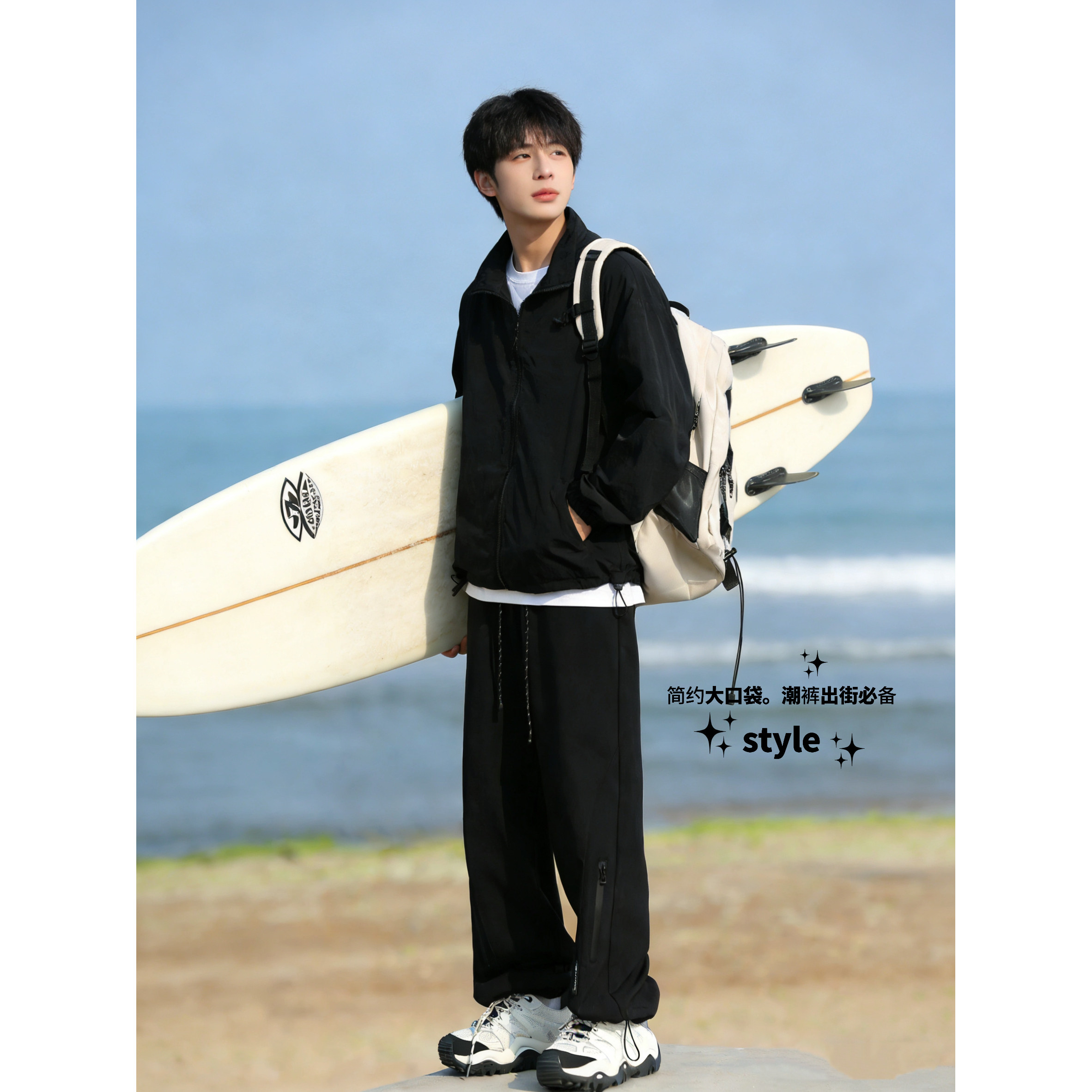 男士简约痞帅三防面料冲锋裤男户外多口袋束脚裤黑色机能风运动裤