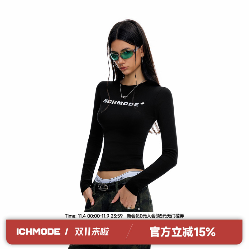 ICH MODE科技银圆领修身甜酷百搭T恤上衣女设计感美式复古长袖女