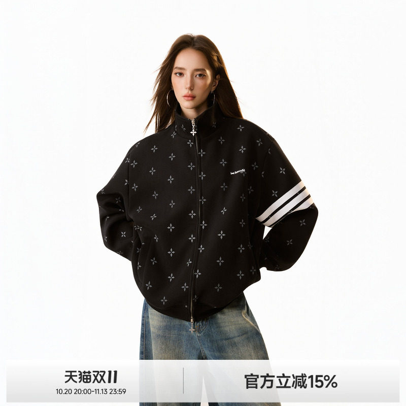 ICHMODE 美式三条杠满印十字立领外套女秋季2026新款开衫卫衣上衣