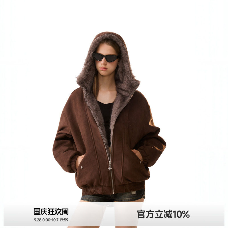 美式毛领麂皮绒外套女图片