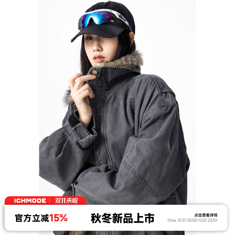 ICH MODE仿兔绒毛加厚保暖2025冬季新款棉衣外套宽松休闲毛领棉服