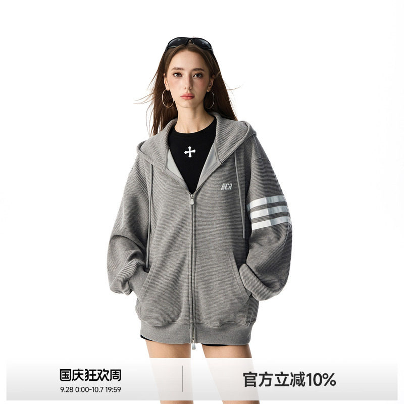 三条杠华夫格连帽外套女图片