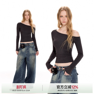 MODE 露肩长袖 波点满印修身 新款 一字肩收腰上衣 斜肩T恤女夏季 ICH