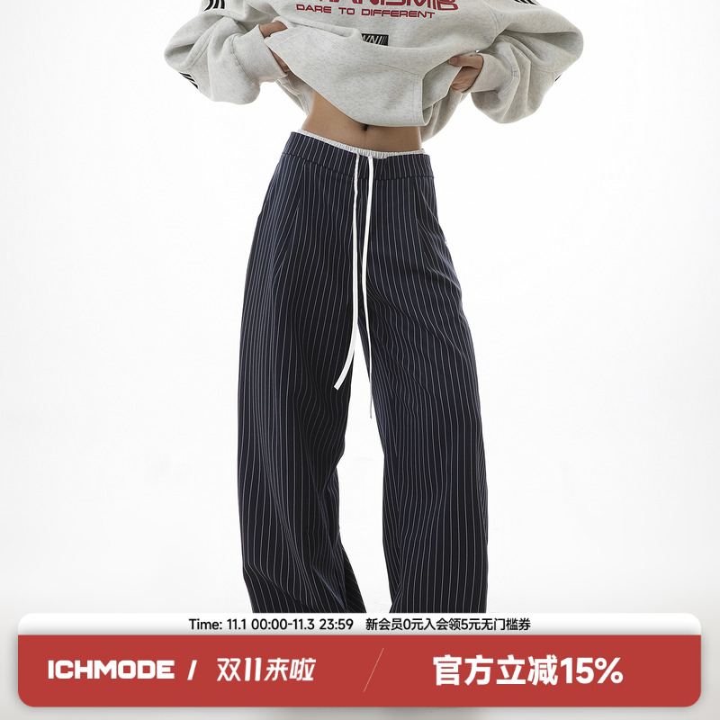 ICH MODE双腰头假两件条纹美式西装长裤复古街头潮流直筒休闲裤