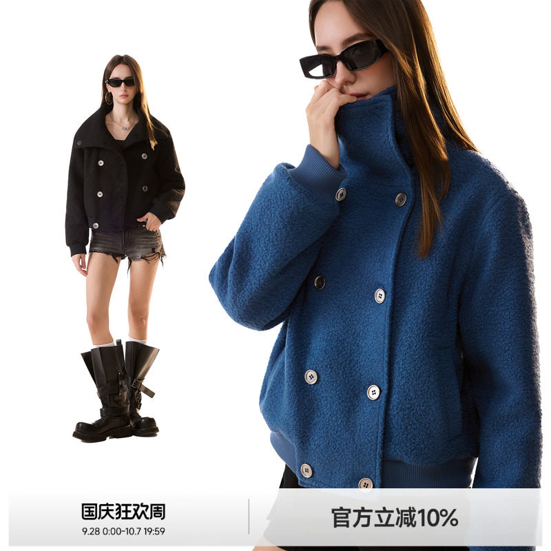 美式双排扣高领羊羔毛外套女图片