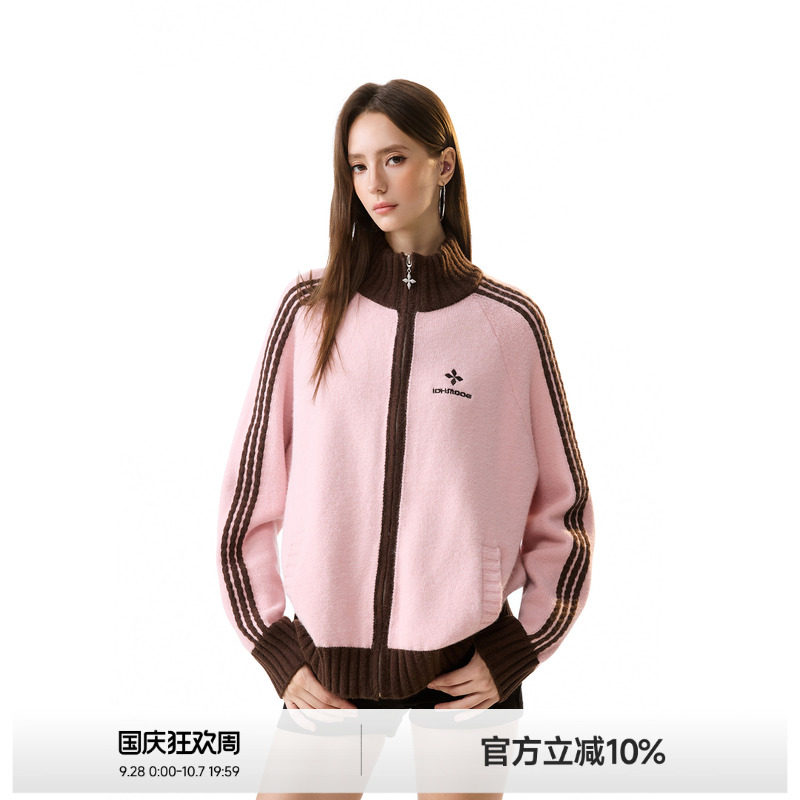 三条杠刺绣绞花针织衫女图片