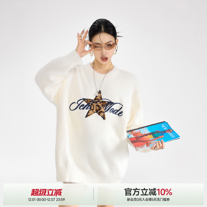 ICH MODE马海毛质感刺绣毛衣女圆领美式复古秋冬百搭针织开衫外套