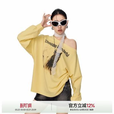 ICH MODE斜肩复古美式秋季甜酷露肩长袖女宽松休闲慵懒风百搭上衣