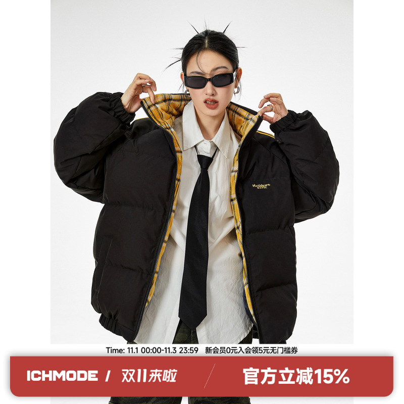 ICH MODE复古立领潮流美式格纹拼接棉服保暖加厚夹棉外套设计新款