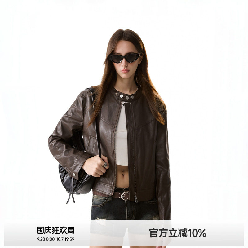 ICH MODE高街立领美式复古机车外套女秋季新款设计感潮酷皮衣夹克图片
