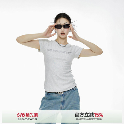 ICH MODE科技银正肩短袖修身显瘦夏季T恤女甜酷美式复古短款上衣