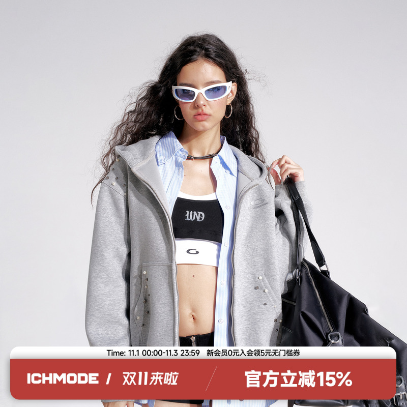 ICH MODE【明星同款】质感钉珠短款美式夹克女连帽卫衣开衫外套女