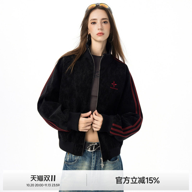 【蜜蜂欢乐社】ICH MODE明星同款三条杠立领荔枝纹皮衣外套女夹克