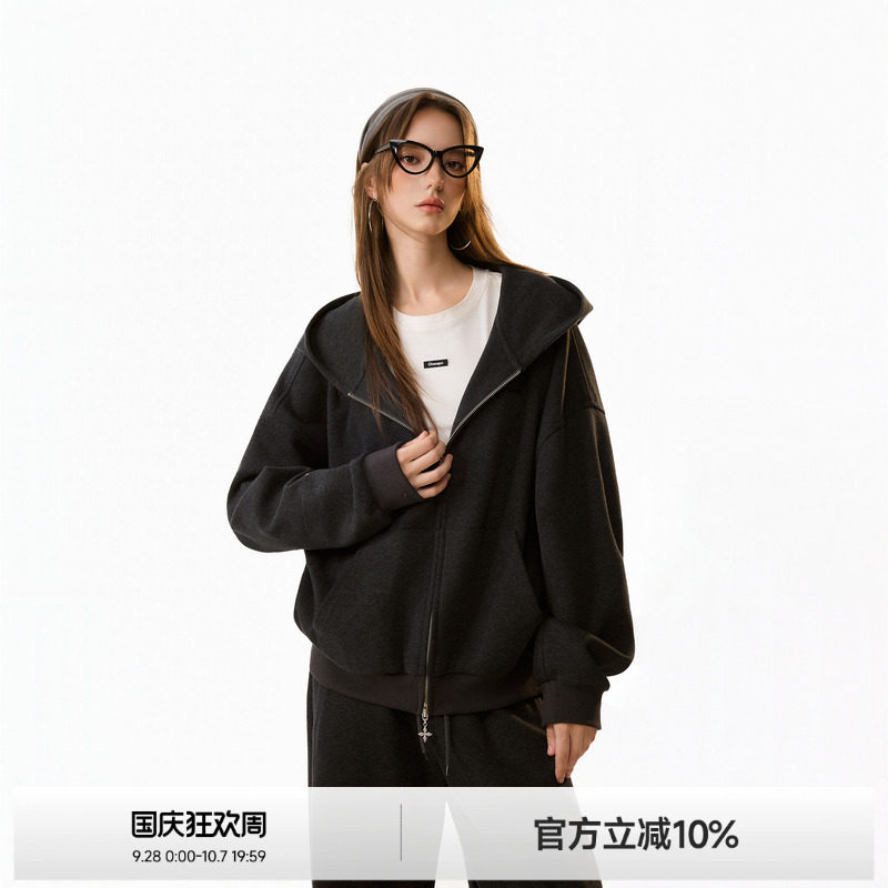 美式纯色连帽卫衣外套女图片