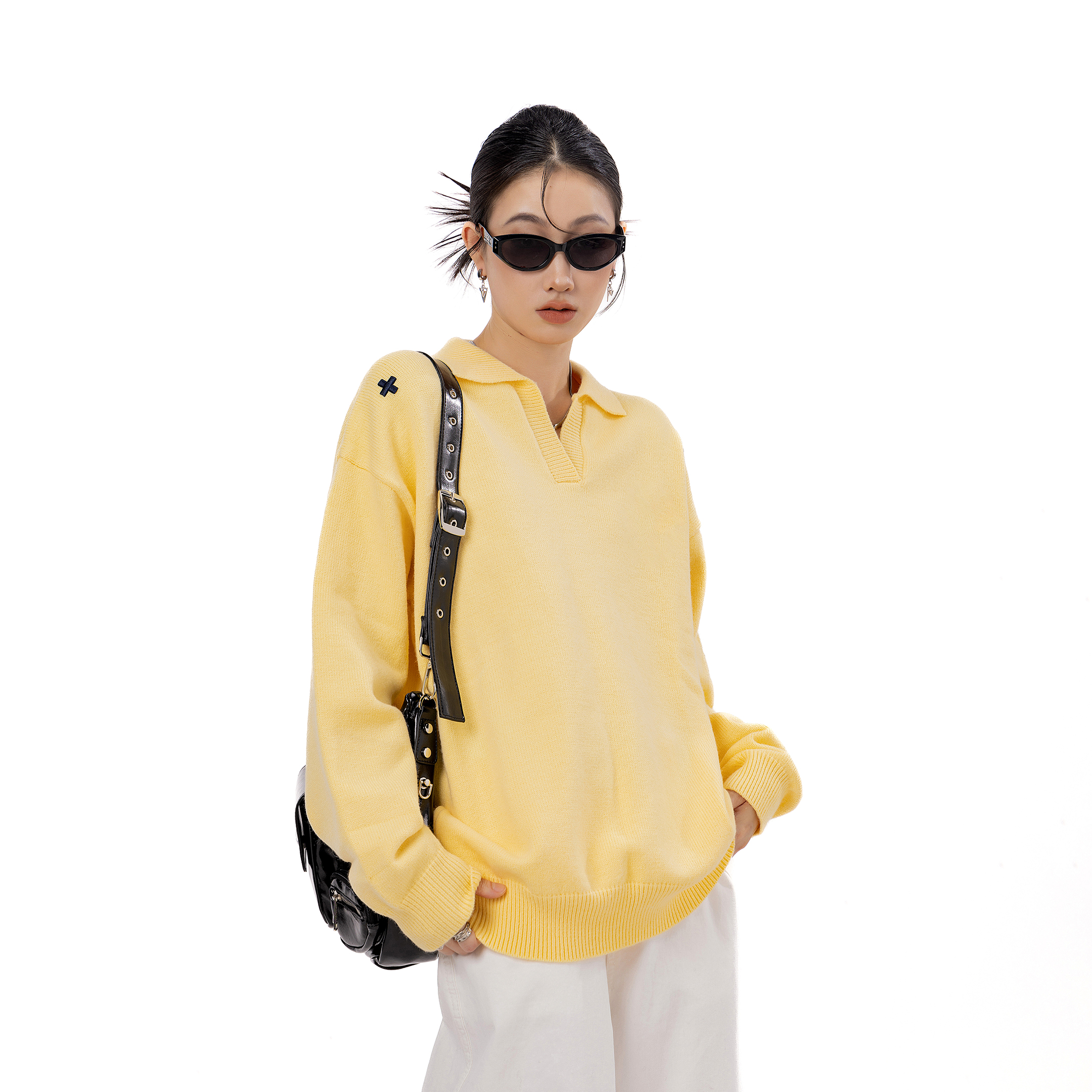 ICH MODE高街翻领质感美式复古毛衣女美式复古宽松百搭针织衫上衣