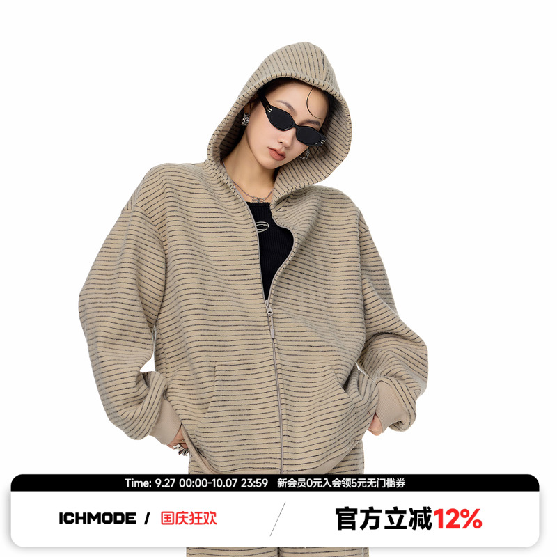 ICH MODE条纹慵懒风美式复古休闲连帽卫衣开衫女宽松甜酷休闲外套